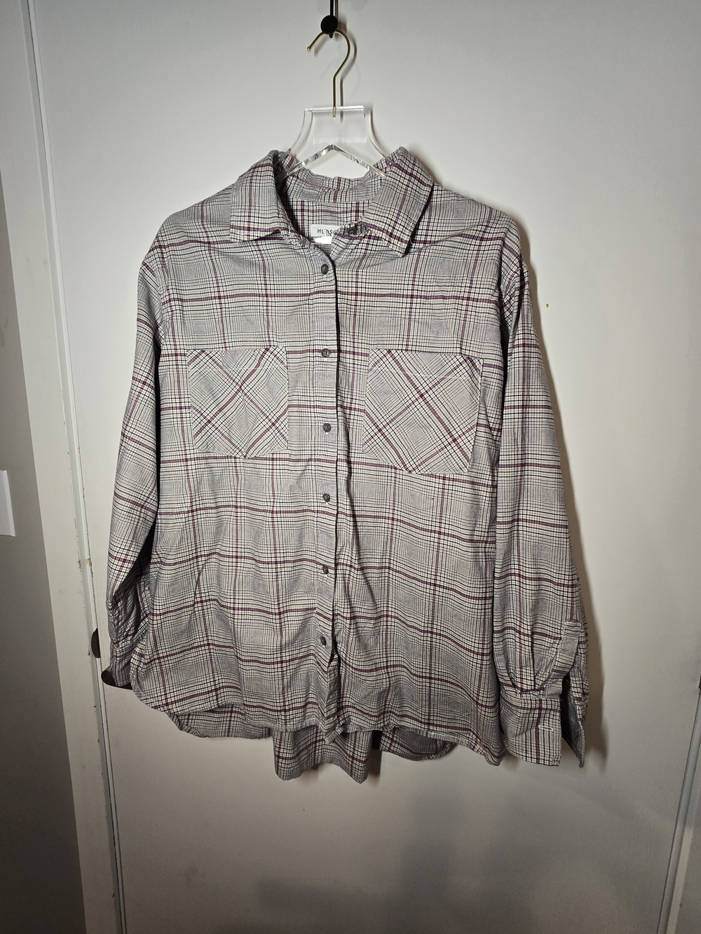 Relaxed Plaid Button-Up Blouse in Gray and Maroon